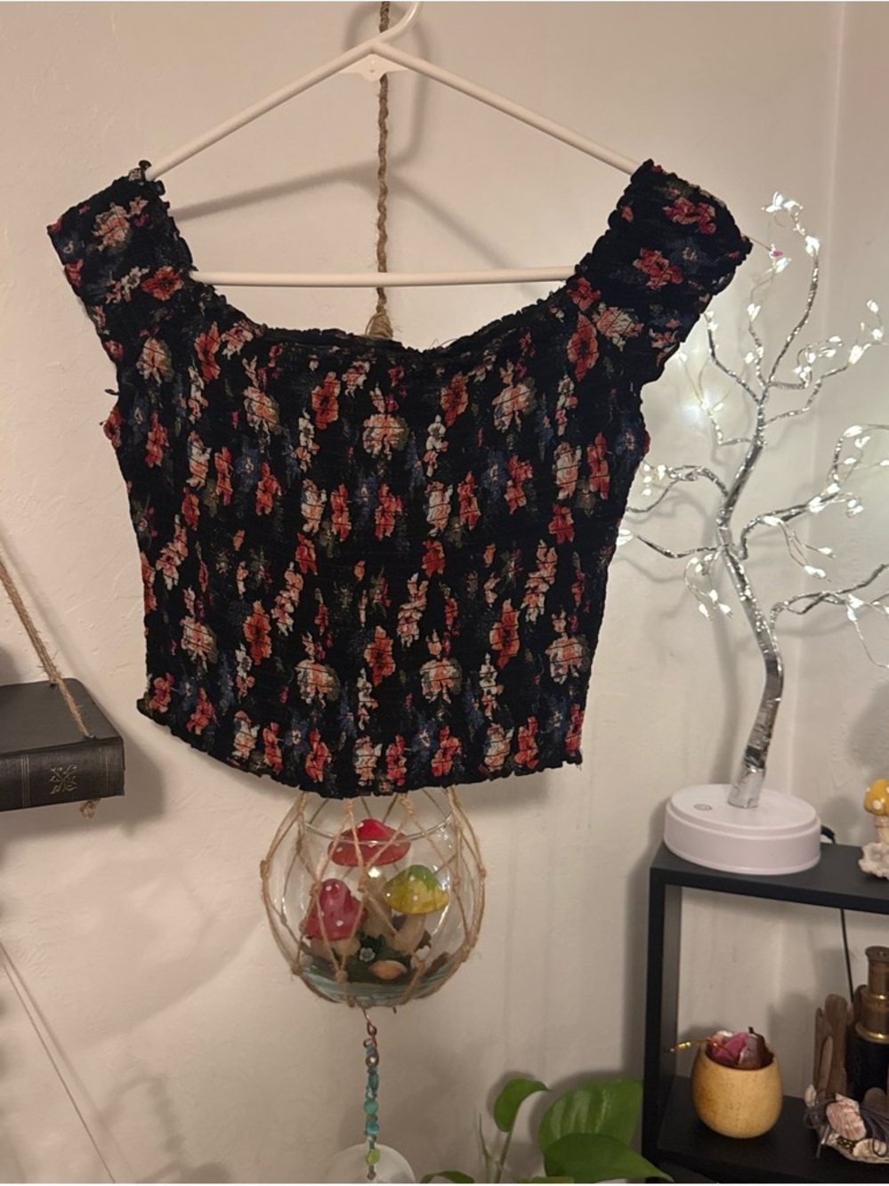 Hollister Black Smocked Floral Off-Shoulder Crop Top